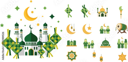 Ramadan Kareem Icon Set with Ketupat, Mosque, Bedug and Muslim Family