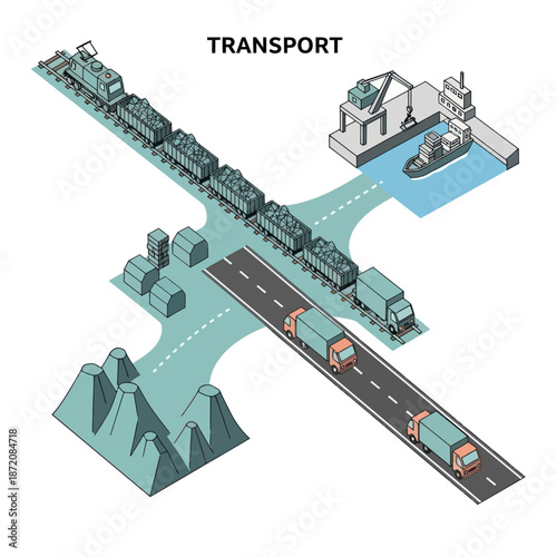 Isometric Transport Infrastructure with Road Rail and Sea.