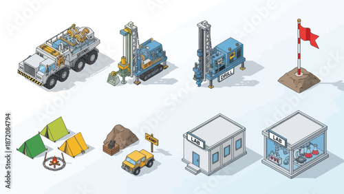 Isometric Construction Site Equipment and Buildings.