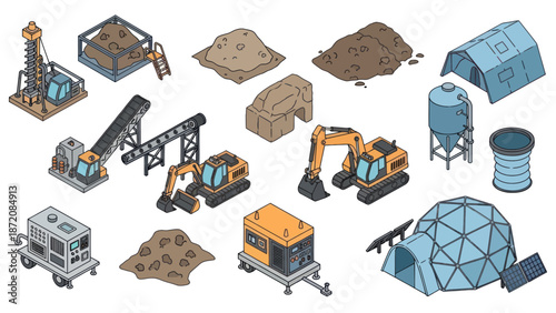 Construction Equipment and Machinery Set Isometric Icons.