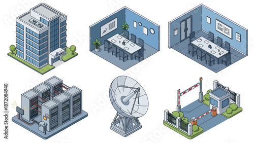 Collection of 3D Industrial Building Illustrations and Satellite Dish.
