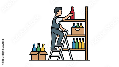Man stocking colorful bottles on a storage shelf with a step ladder. Inventory management and organization concept.