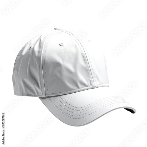 A plain white baseball cap against a stark black background