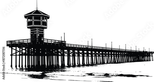 Black and white silhouette of Huntington Beach pier with lifeguard tower on ocean water, California coastal landmark vector illustration isolated on white background.