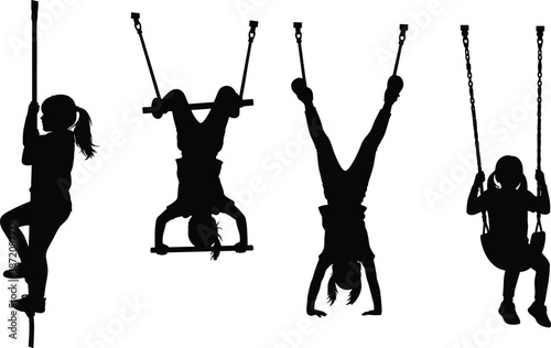 Black silhouettes of active children playing on playground equipment, girl climbing rope, kid hanging upside down on trapeze, gymnastics rings, and child on swing.