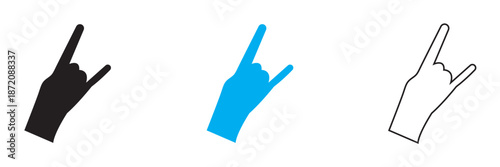 Hand rock horns icon. Black, colour  and white illustration of rock hand sign with lightning bolts, symbolizing music, energy, rebellion, and heavy metal culture.
