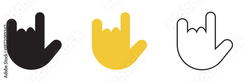 Hand rock horns icon. Black, colour  and white illustration of rock hand sign with lightning bolts, symbolizing music, energy, rebellion, and heavy metal culture.
