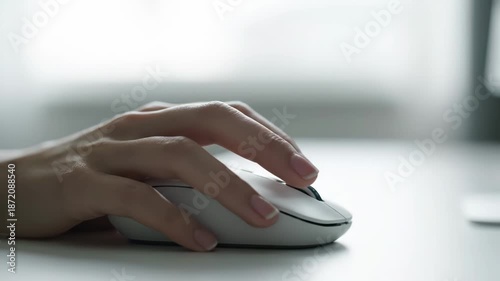 Close up shot of a persons hand using a computer mouse on a white desk.