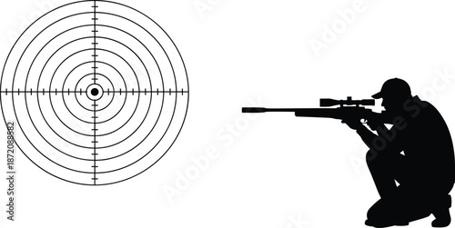 Precision shooting practice with rifle silhouette, target marksman training, outdoor sniper aim, bullseye concentration, shooting range competitive sport concept on white background