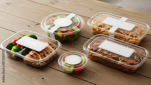 Five clear plastic food containers with meals and blank labels on wood take away food meal prep