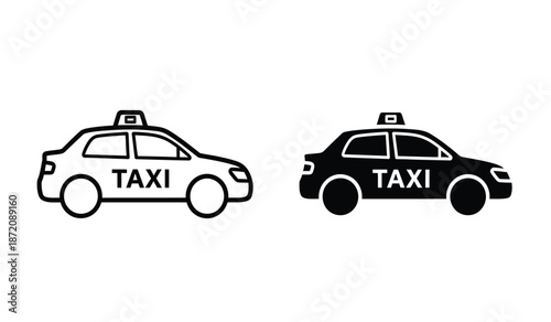 Black and white taxi car icons in simple line art style for design use