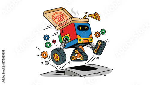 Innovative Robotic Pizza Delivery Jumping from Manhole Cover with Hot Slice - Urban Technology Illustration