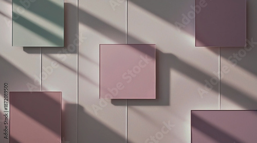 Minimalist abstract background with pastel colored squares, soft shadows, elegant geometric layout, modern and clean look, aesthetic for presentation or website backdrop.