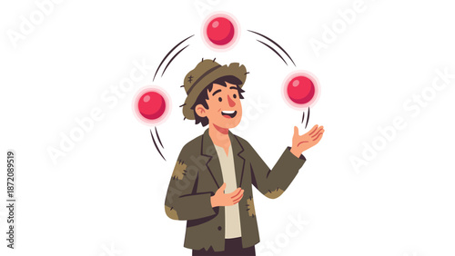 Smiling cartoon juggler in worn clothes performing with three glowing red balls. Fun and skillful character illustration.