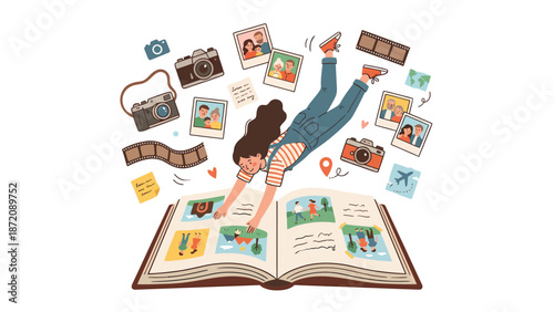 Woman creating a photo album, surrounded by floating cameras, film, and cherished memories. Photography concept.