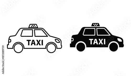 Black and white taxi car icons in line art style for design and illustration