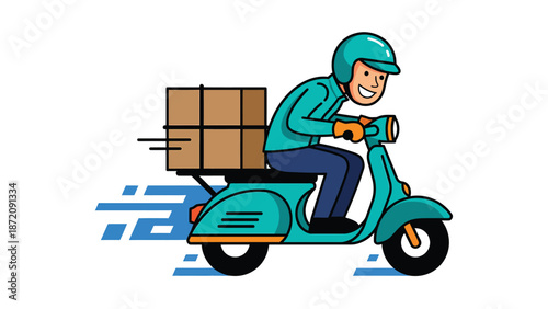 Smiling Delivery Man on Scooter with Package. Fast Courier Service Illustration.
