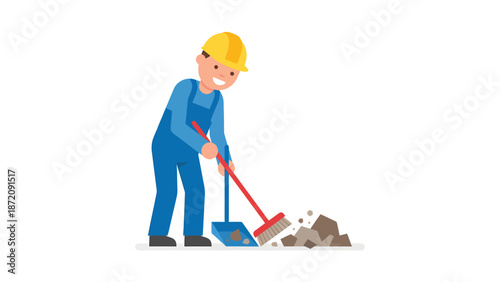 Worker in hard hat sweeping debris with broom and dustpan. Flat vector illustration of construction site cleanup.