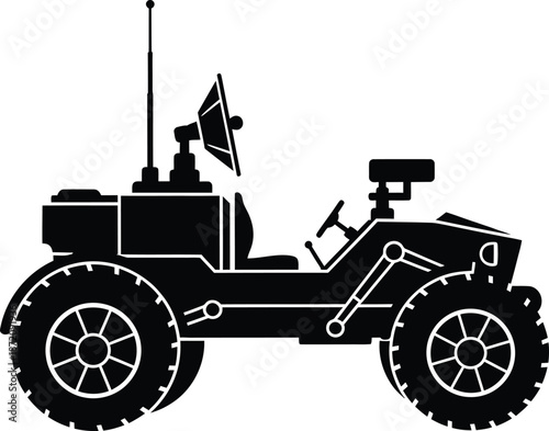 Vector illustration of a vintage tractor silhouette featuring a black retro machine with a classic engine and wheel isolated on a white background for antique farm vehicle transport