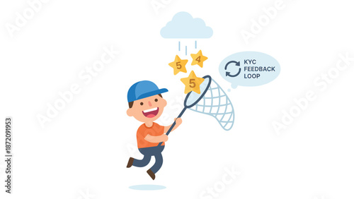 Cartoon boy catching 5-star ratings from a KYC feedback loop cloud, symbolizing positive customer satisfaction and data collection.