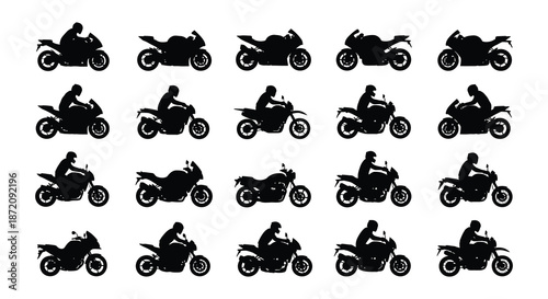 A collection of black silhouette motorcycles in various dynamic poses and styles