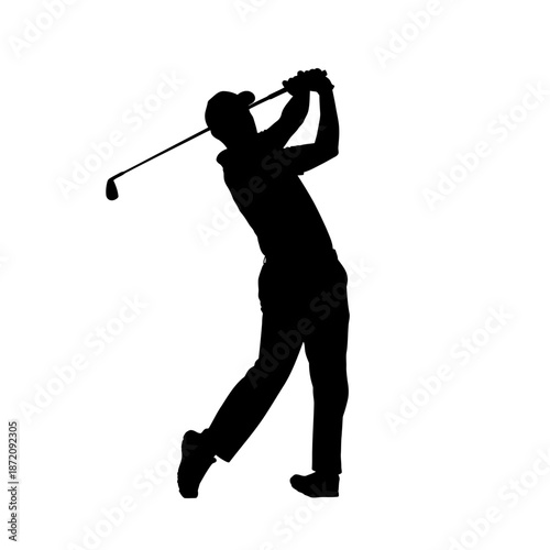 Silhouette of golfer swinging club during golf game.