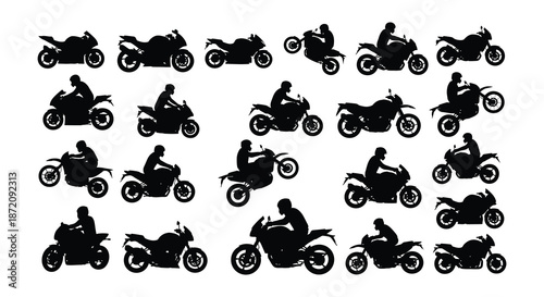 A collection of black silhouette motorcycles in various dynamic poses and styles