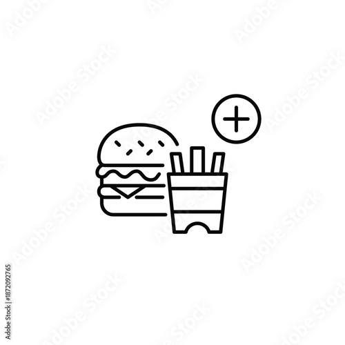 Add meal to order. French fries, burger and plus symbol. Extra food. Pixel perfect, editable stroke vector icon