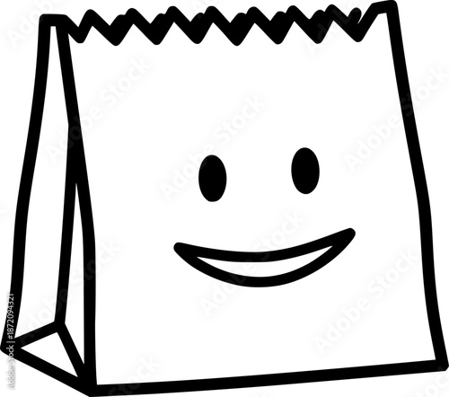 Paper Bag Face Drawing – Black and White Vector Illustration, Paper Bag with Simple Face, Anonymity, Concealment, Minimalist Design, Outline Sketch, Line Art, Editable Vector Design.