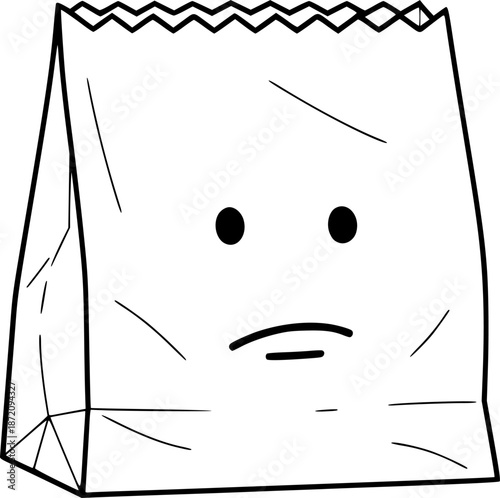 Paper Bag Face Drawing – Black and White Vector Illustration, Paper Bag with Simple Face, Anonymity, Concealment, Minimalist Design, Outline Sketch, Line Art, Editable Vector Design.