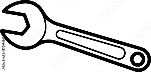 Wrench Tool Drawing – Black and White Vector Illustration, Open-End Wrench, Hand Tool, Tightening and Loosening Nuts and Bolts, Hardware, Outline Sketch, Line Art, Editable Vector Design.