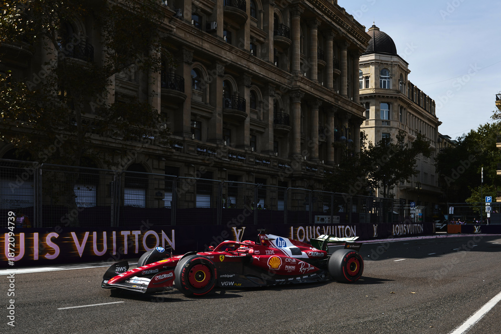 Fototapeta premium BAKU, AZERBAIJAN - SEPTEMBER 19, 2025: Monegasque driver Charles Leclerc competes in his Scuderia Ferrari car during the Formula 1 Azerbaijan Grand Prix