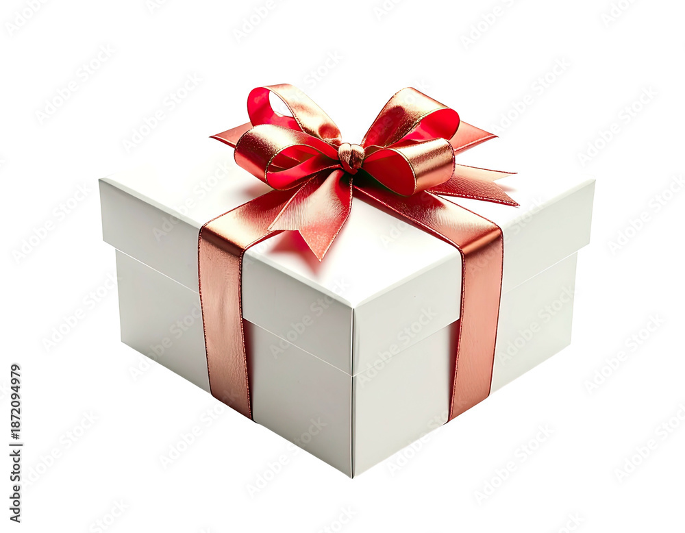 Fototapeta premium Boxy white gift with elegant red ribbon and bow on a stark black background