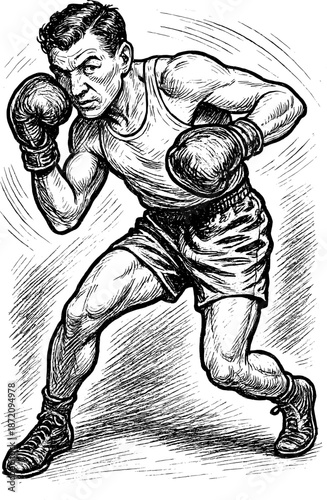 Vintage ink style illustration of a boxer dodging an attack, dynamic defensive retro sports vector
