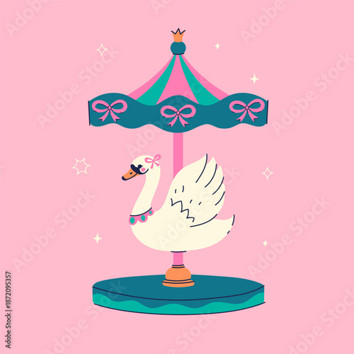 Carousel with a cute swan on a pink background. Vector graphics.