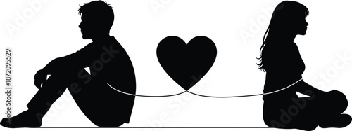 Valentine Love Couple Black Silhouette Black silhouette of a man and woman facing away with a heart between them on a white background