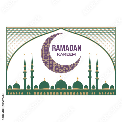 Ramadan kareem greeting with mosque and crescent moon