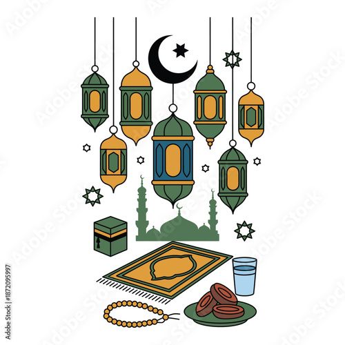Ramadan kareem illustration with lanterns and prayer mat