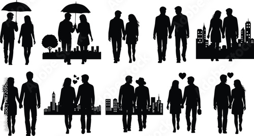 Valentine Love Couple Black Silhouette Black silhouette of couples walking hand in hand in a cityscape with umbrellas and hearts
