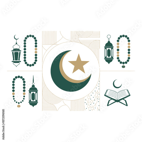 Ramadan kareem islamic symbols and elements with crescent moon and star