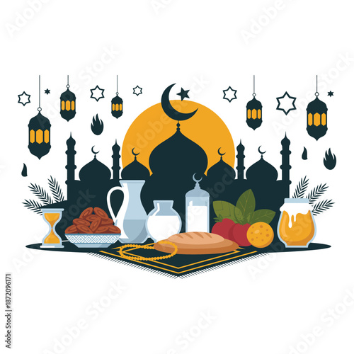 Ramadan kareem traditional food and drink illustration