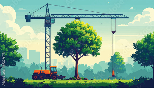 Vibrant cityscape construction site with crane and trees