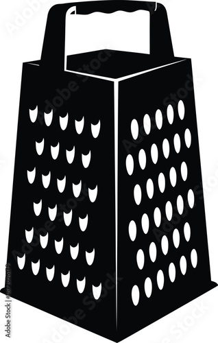 A shiny stainless steel cheese grater with a plastic handle is a sharp metal kitchen utensil isolated on a white background for cooking and food preparation