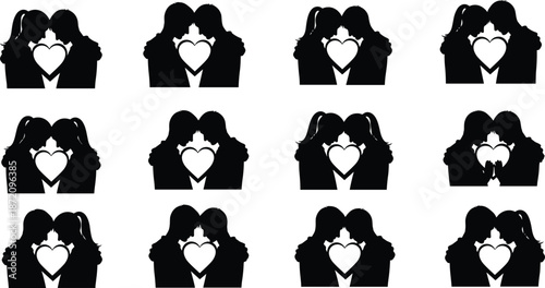 Valentine Love Couple Black Silhouette Black silhouette of two women with heart shape between them repeated in a grid pattern