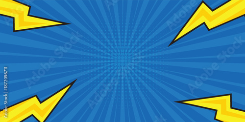 Pop art comic background with thunder flash. Cartoon Vector Illustration on blue