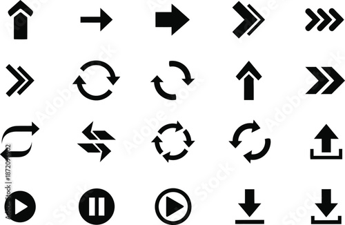 Collection of black arrows and media control icons on white background