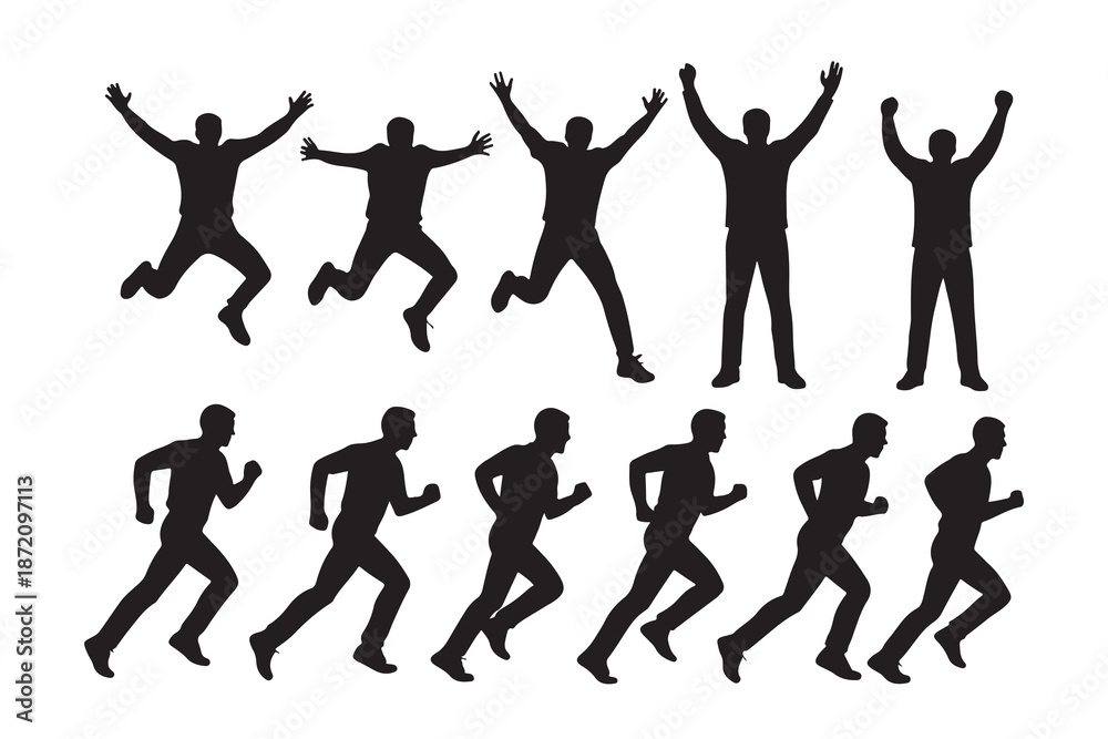 Fototapeta premium Silhouettes of men jumping, celebrating, and running, depicting various energetic movements