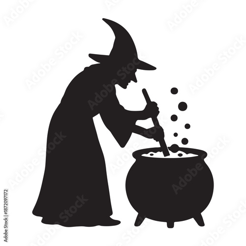 Mysterious witch silhouette intensely stirring a bubbling cauldron, crafting a potent brew