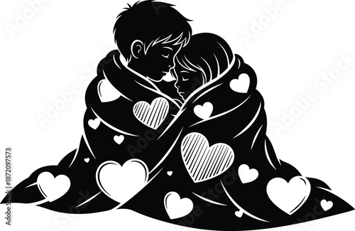 Valentine Love Couple Black Silhouette Couple embracing under a blanket with heart patterns in black and white