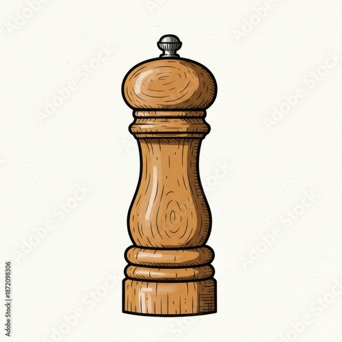 Vintage Wooden Pepper Mill Grinder with Ornate Grain and Detailing on Light Beige